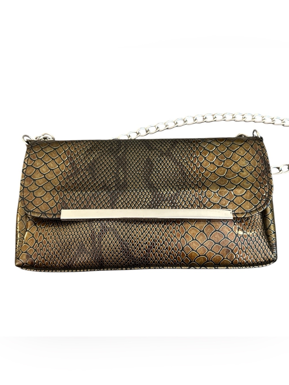 Bijoux Terner Bronze Olive Snakeskin Print Chain Shoulder Bag Clutch